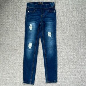 Justice Mid Rise Denim Jegging Dark Blue Distressed Glitter Patches Girls 8 Slim